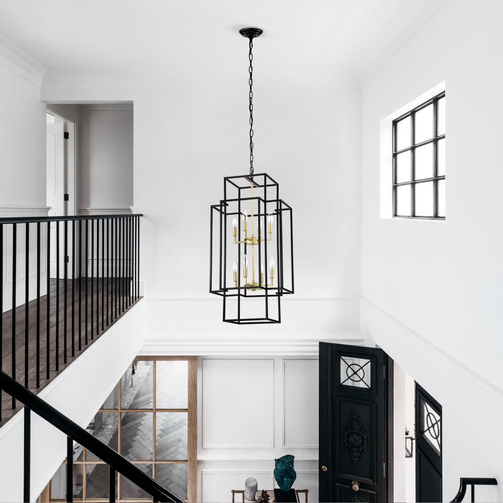 8-Light Metal Lantern Tiered Pendant Hanging Light Fixtures, Industrial Farmhouse Adjustable Height Chandeliers for Dining Room Hallway Foyer Entryway--Matte Black & Gold(E12 Bulbs Not Included)