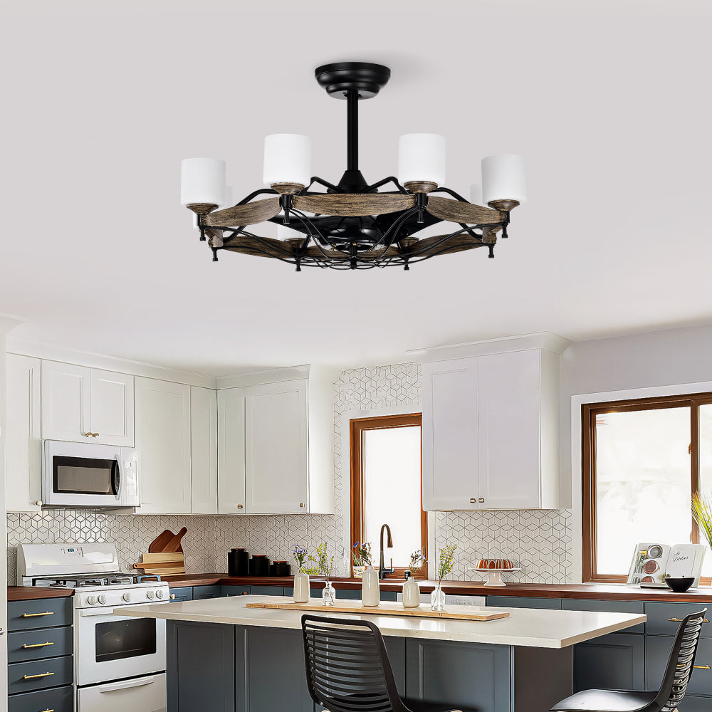 Dia 33 inch Chandelier Ceiling Fan for Bedroom Dining Room Living Room Kitchen Farmhouse Entry,Matte Black+ Wood Grain