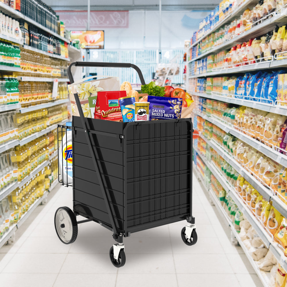 Bigger Super Jumbo Shopping Cart,Grocery Cart on Wheels, Foldable Utility Shopping Carts with Double Basket and 360° Rolling Swivel Wheels for Groceries Laundry