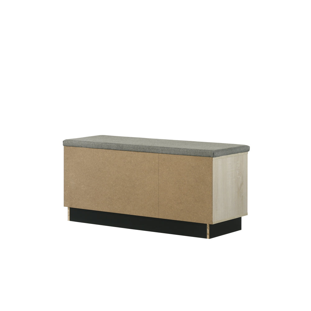 Brett 38.5"W Oak Finish Shoe Cabinet with Sliding Doors, Upholstered Top