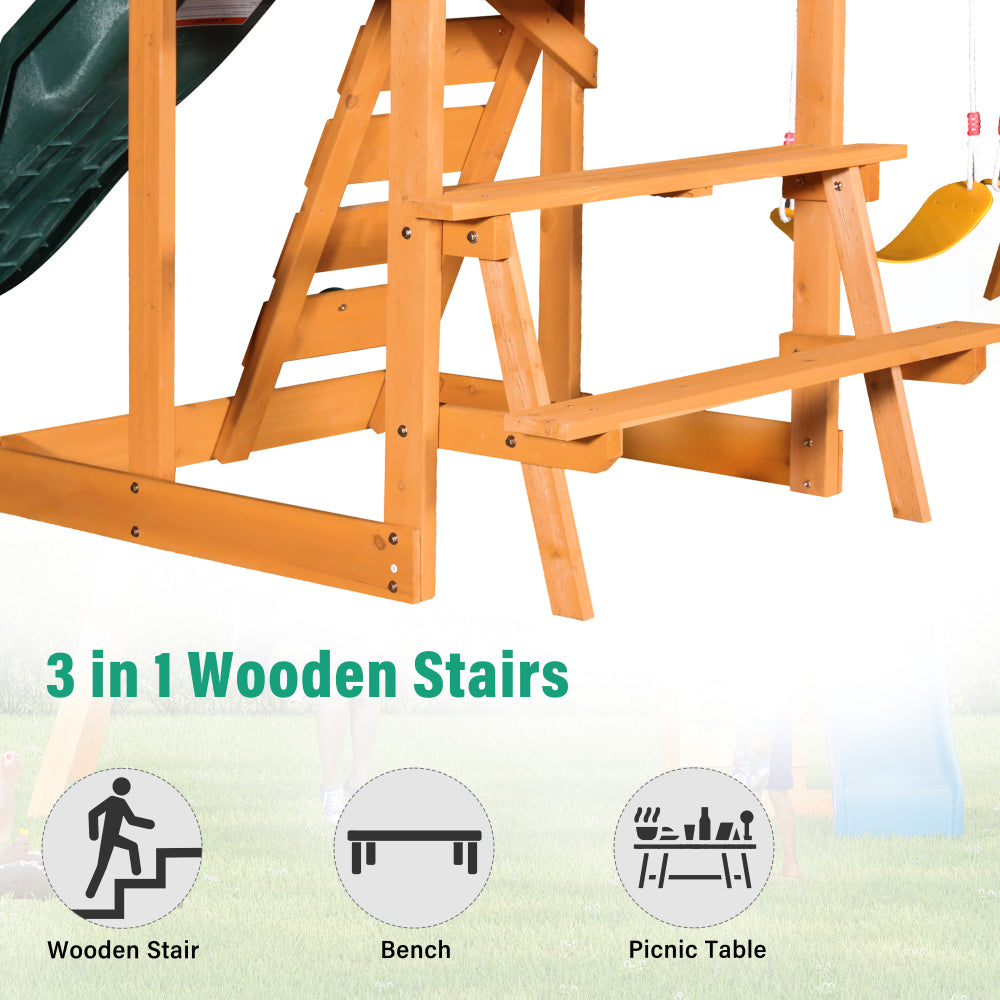 Wooden Outdoor Swing Set 3 in 1 Swing Set outdoor Children's Playset with Slide, 2 Swings and Climber for Garden, Backyard and Playground, Green