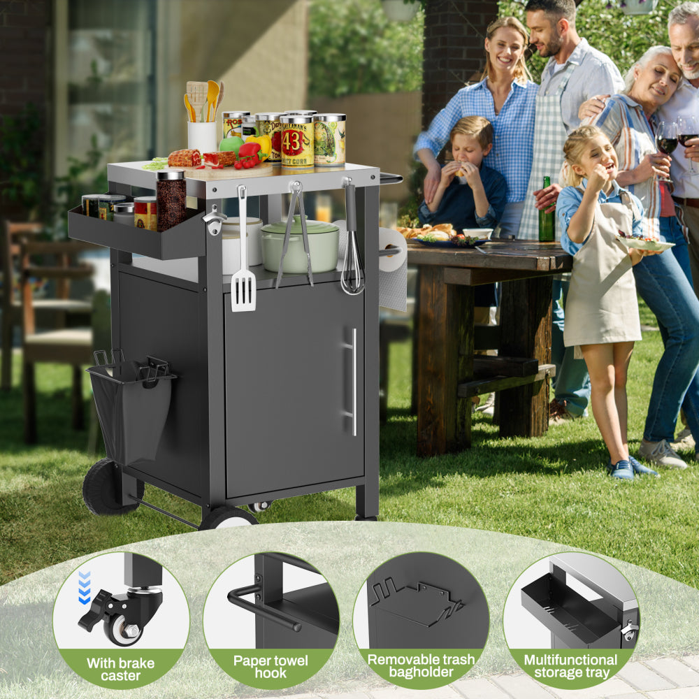 Outdoor Grill Cart with Patio Furniture, Outdoor Grill Table with Storage,Rolling Bar Cart Outdoor BBQ Cart with Hooks and Spice Rack for Grilling Accessories, Black