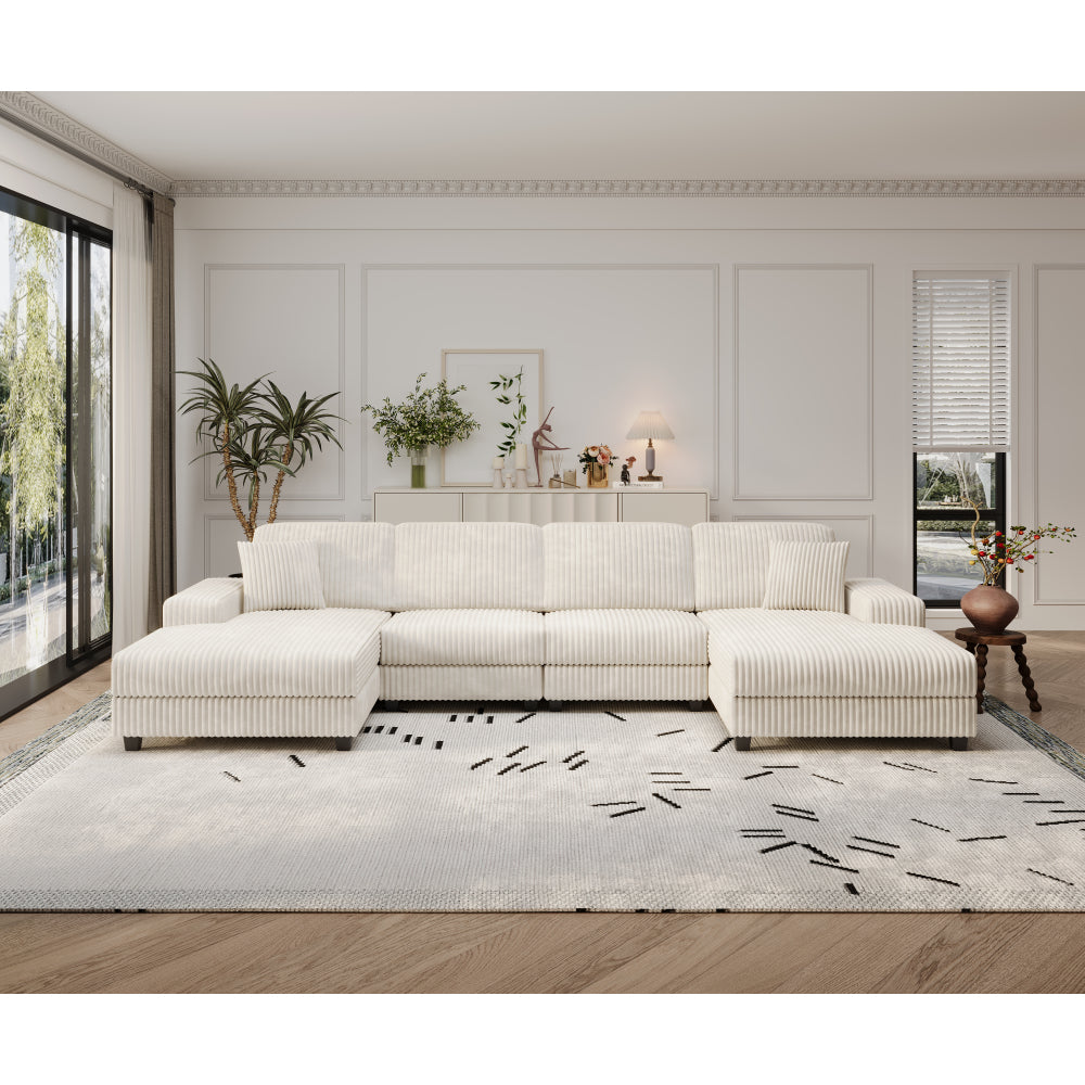 Convertible U-shaped Combination Sofa, Corduroy Fabric, Modern Comfortable Large Size 4 Seat Sofa, Living Room Double Lounge Chair ,Green
