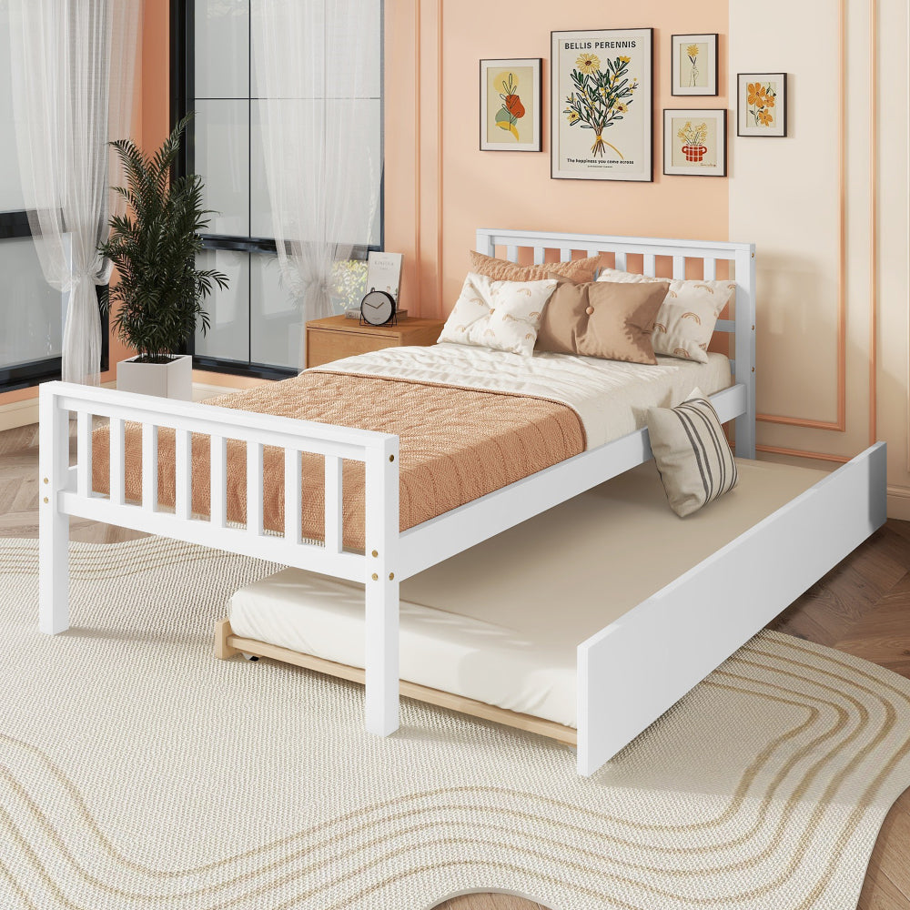 Twin Bed with Trundle, Platform Bed Frame with Headboard and Footboard, for Bedroom Small Living Space,No Box Spring Needed,White(New SKU:W504P148532)
