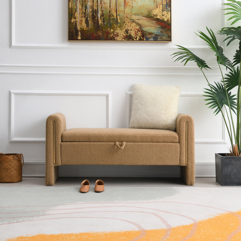Modern Teddy Bed End Bench with Arms and Storage,Upholstered Large Foot Rest Stool, Comfy Window Vanity Bench for Living Room,Bedroom,Dorm,Coffee Table,Teddy Cream