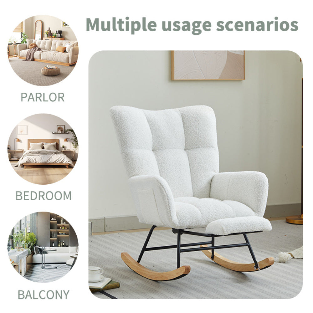 Modern Nursery Rocking Chair, Upholstered Glider Chair with High Backrest, Rocker Accent Armchair with Solid Wood Legs for Nursery Bedroom Living Room WHITE