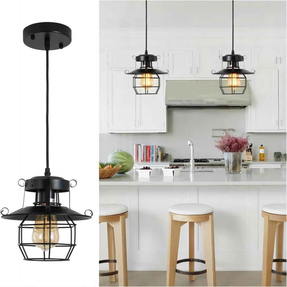 Industrial Pendant Lighting for Kitchen Island, Rustic Mini Cage Pendant Light, Farmhouse Pendant Lamp with Silver Grey Adjustable for Dining Room, Hallway, Entryway, Bedroom