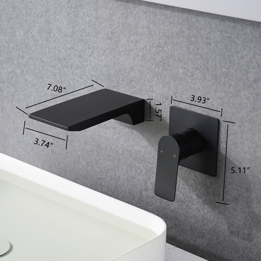 Matte Balck Wall Mount Bathroom Sink Faucet, Single Handle Bathtub Faucet with Waterfall Spout Brass Rough-in Valve Included