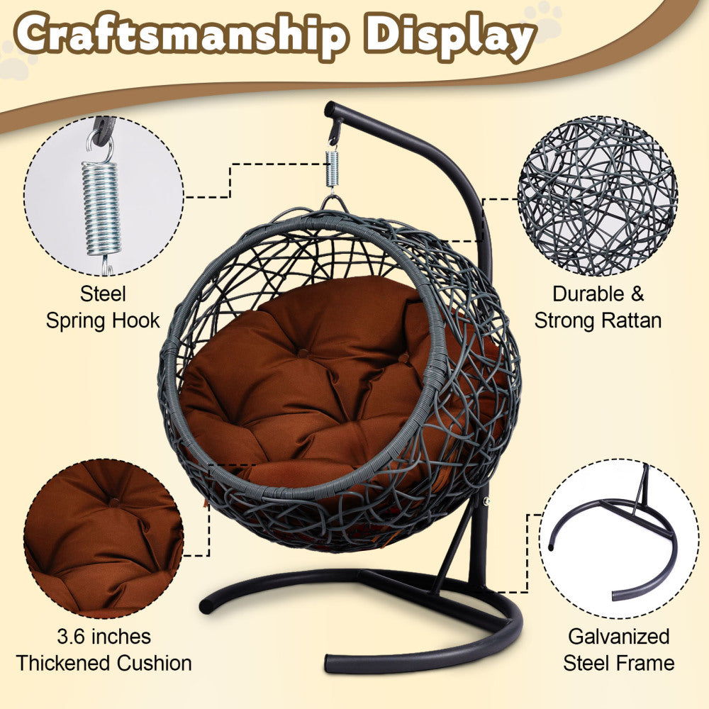 Cat Swing Bed with Stand & Cushion, Cat Egg Chair with Rattan Wicker Appearance, Indoor Hanging Swinging Cat Bed for Cats, Small Dogs, and Small Animals, Brown