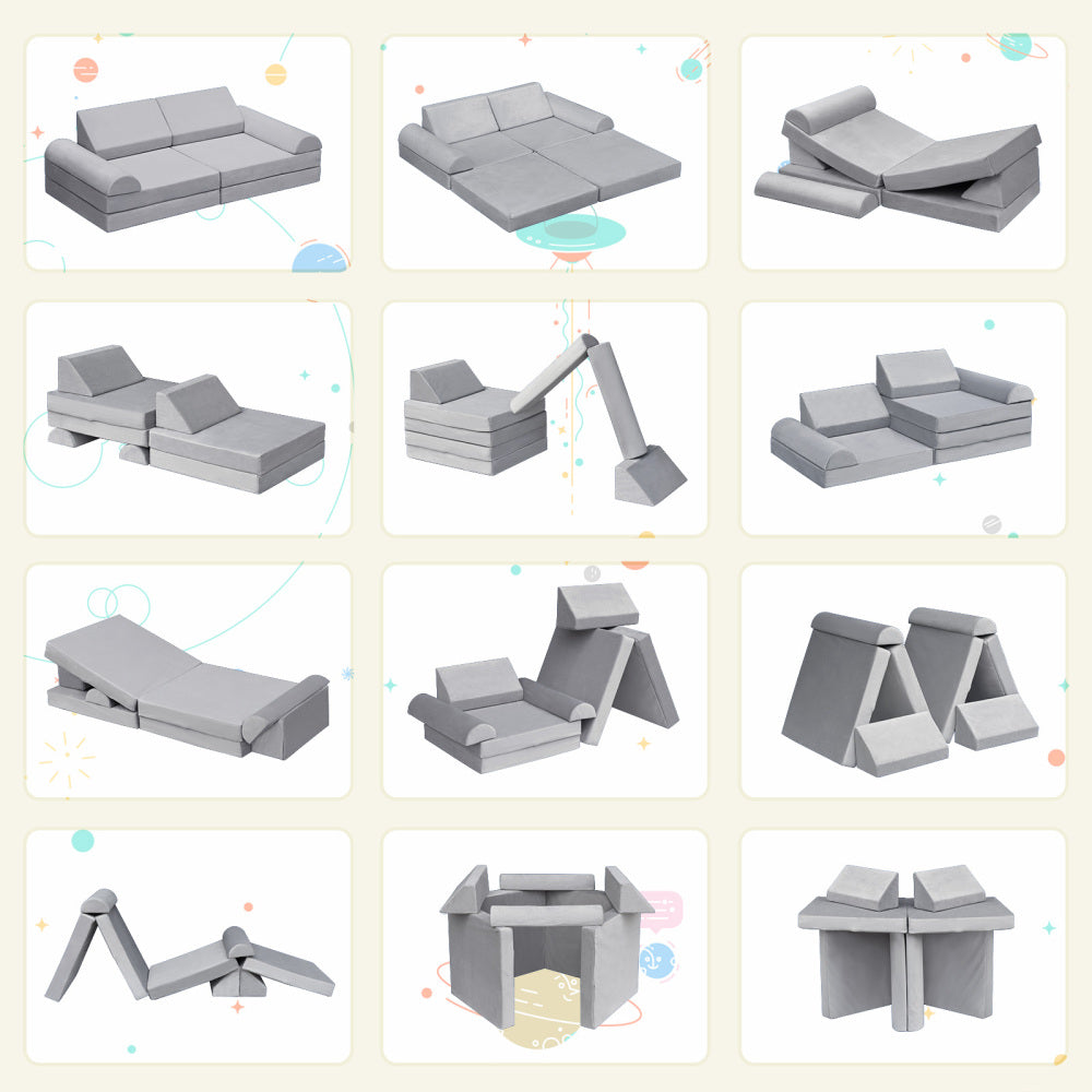 Modular Kids Play Sofa,8-Pieces Convertible Modular Play Sofa Bes for Playroom,Bedroom, Muti-purpose Play Couch for Kids,Grey