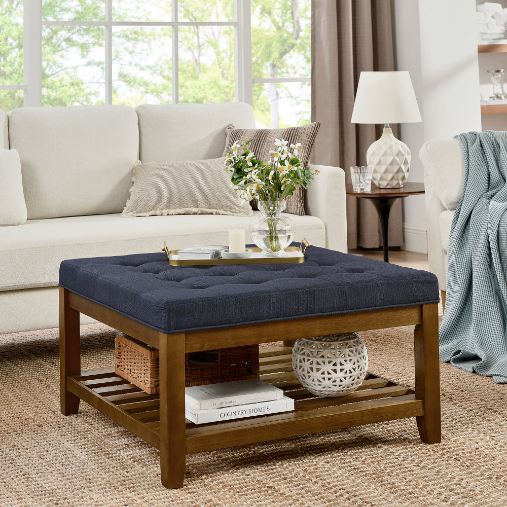Upholstered Coffee Table Tufted Linen Large Square Ottoman with Beech Wood Shelf and Frame, Oversized Footrest Ottoman for Living Room, Dark Gray