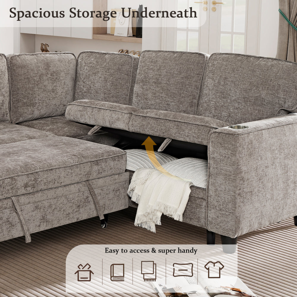 L-Shaped Sofa with Pull Out Sofa Bed, Sleeper Sofa Couch Bed with Storage Seat, 5 Seat Sectional Sofa Bed with USB, Sectional Sofa Couch for Living Room, Apartment, Light Brown