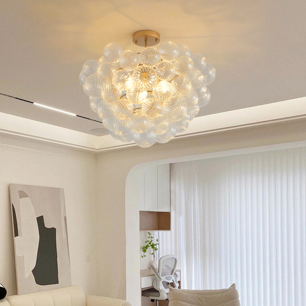 27.5-Inch Gold Pendant Light Chandelier with Threaded Clear Glass Globe Shade – Adjustable Height, Ideal for Living Room, Dining Room, Kitchen (No Bulbs)