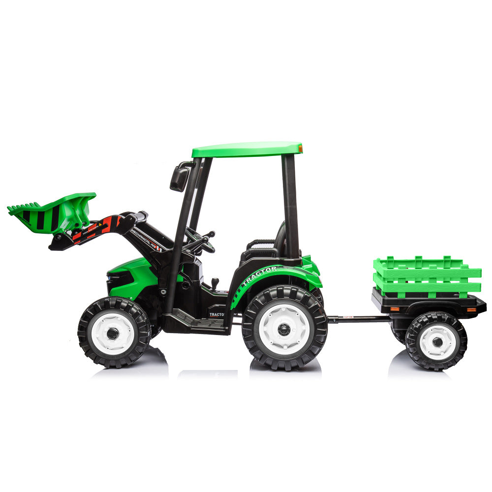 Pedal Tractors with Working Loader and Backhoe Digger, Kids' Ride on Car Toys 24V Battery Powered Electric Vehicles with Trailer, Digger for Toddlers (Green)