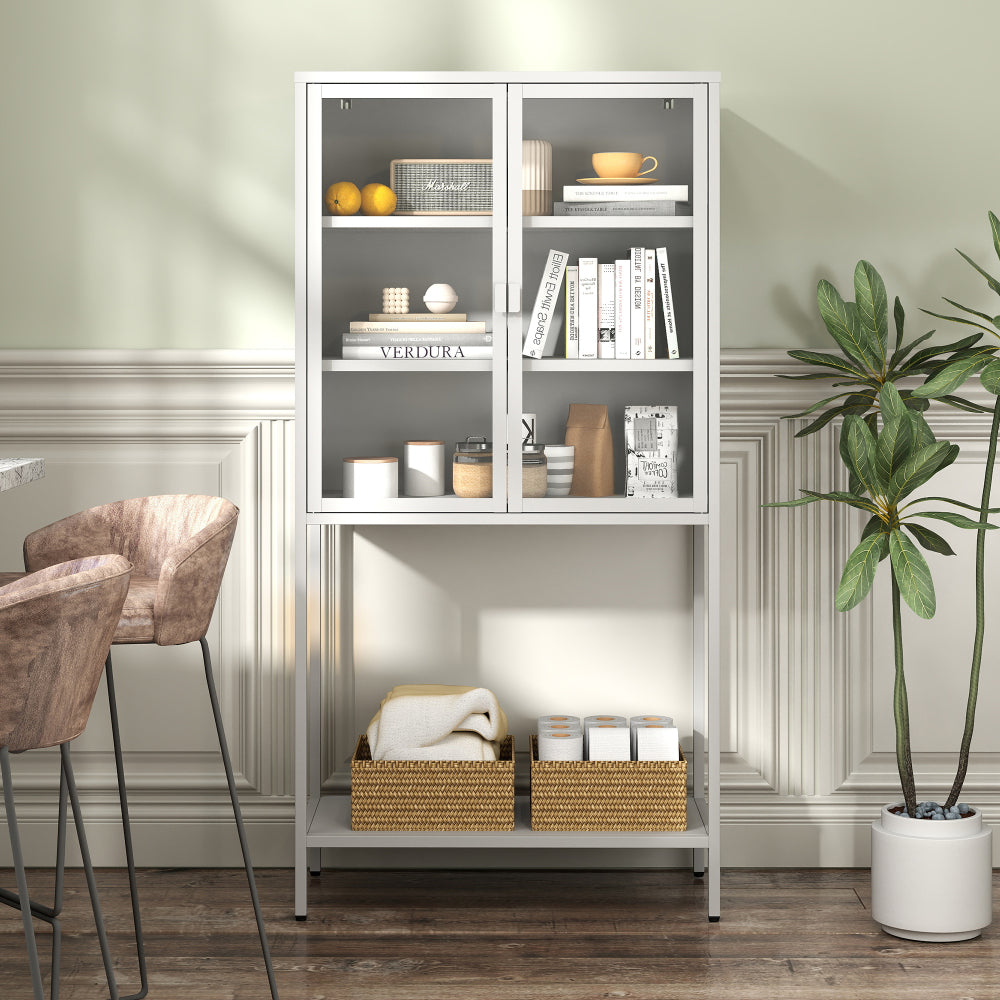 59"H Heavy Duty Metal Storage Cabinet,Sideboards & Buffet,Display Storage Cabinet with Glass Doors and 2 Adjustable Shelves, Tall Bookcase Modern Bookshelf Cabinet for Home Office, Living Room