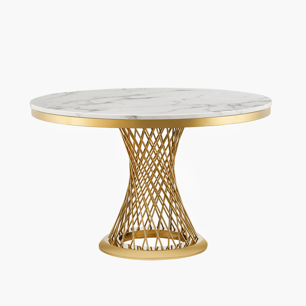47" Round Marble Dining Table, Modern Kitchen Table with High Gloss Faux Marble Tabletop and Stainless Steel Base for Dining Room, Kitchen (Sliver,White)(Only a table)