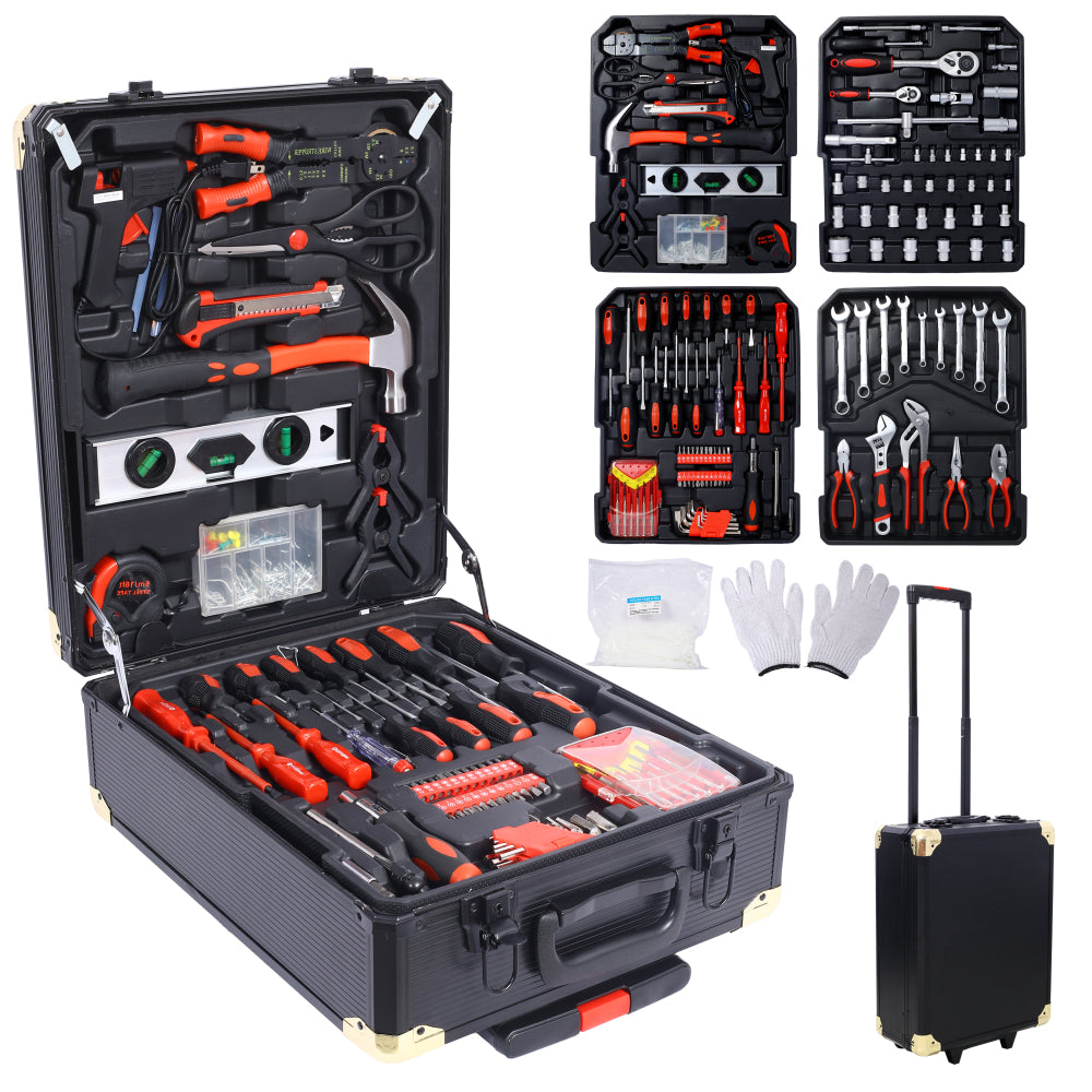 899pcs Home Repair Tool Set Kit for Men, Toolbox Storage Case with 4 Drawers, General Household Tool Kit with Rolling Tool Box, Tool Set Kit for Maintenance, Garden, Homeowner, Handyman ,silver case