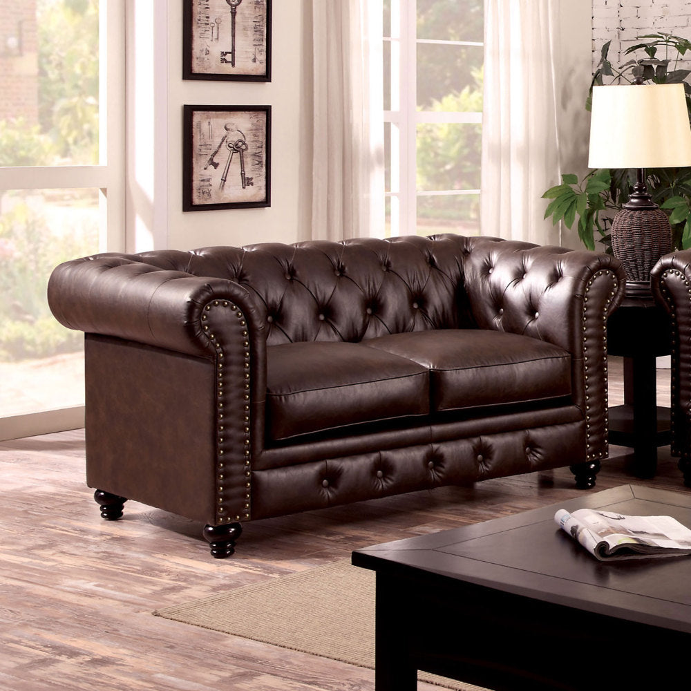 Contemporary Dark Teal Color 1pc Loveseat Button Tufted Couch Rolled Arms Nailhead Trim Leatherette
