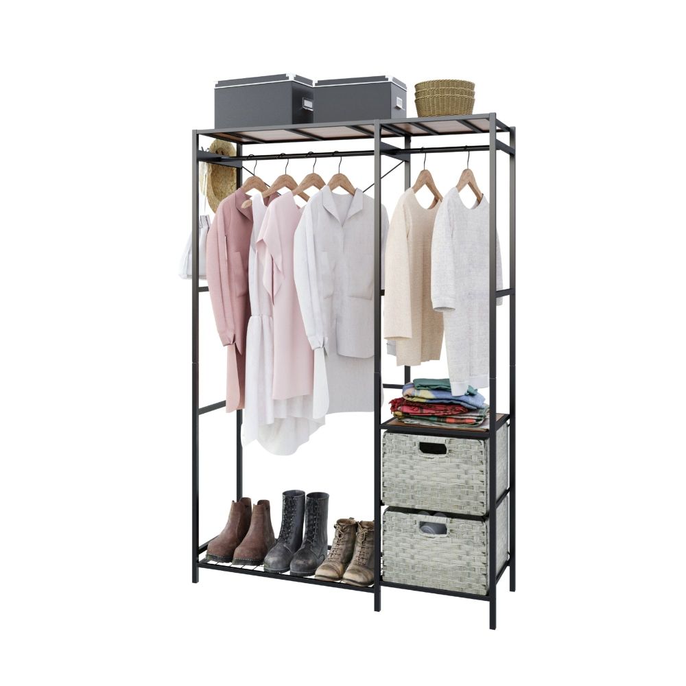 Acacia Wood Garment Racks with Shelves 2 Wicker Drawers and 4 Hooks Heavy Duty Closet Organizer for Hanging Clothes, Freestanding Closet Wardrobe Rack, Vintage Brown