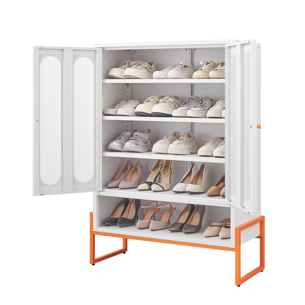 Modern minimalist double door shoe cabinet with adjustable mesh doors and high foot hollow storage cabinet bottom, compatible with robotic vacuum cleaners