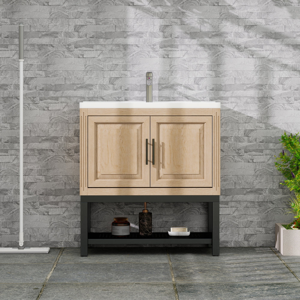 24" Bathroom Vanity with White Ceramic Sink & Hot and Cold Faucet , Freestanding Bathroom Cabinet with 2 Storage Doors and Open iron Shelf for Bathroom