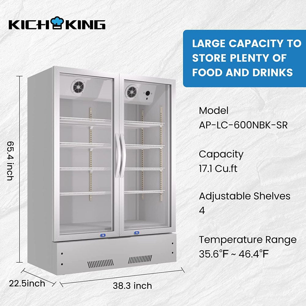 Commercial Display Refrigerator, Upright Swing Glass Door Merchandiser Fridge with LED Lightning, Reach-in Beverage Cooler for Shop Restaurant, ETL Approved, 17.1 Cu. Ft, Silver