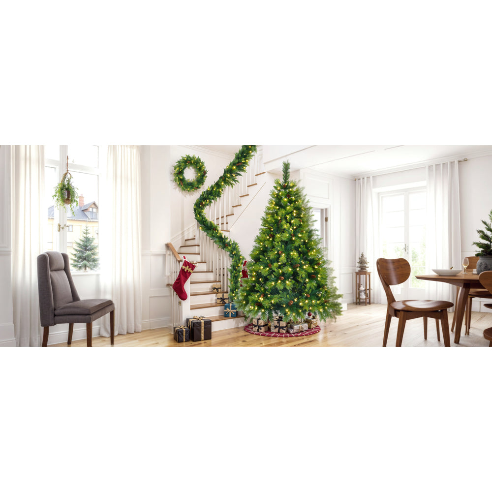6FT Grass Green Christmas Tree, Large Branches Pine Tree, Pre-Lit Set with Tree & Garland & Wreath, Artificial Christmas with Pine Cones, Hinged Xmas Tree , for Holiday Party Ofiice Home