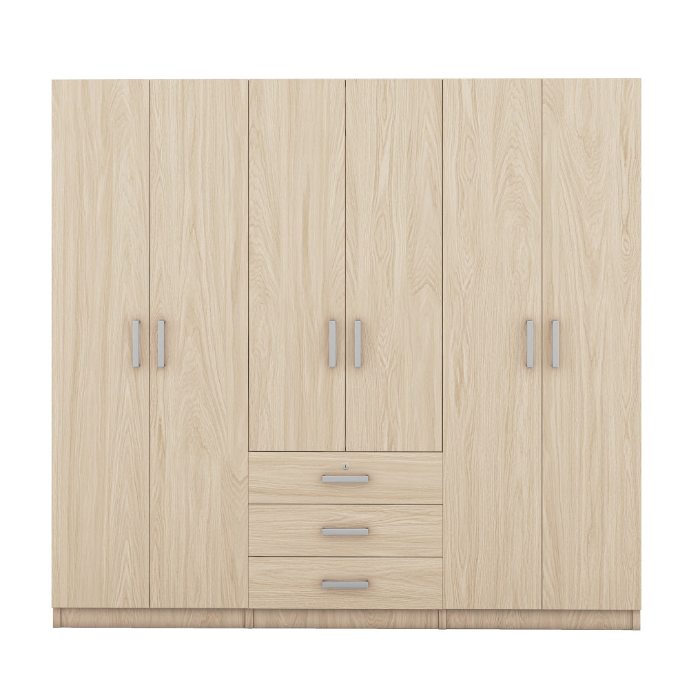 6-Doors Wooden Wardrobe Storage for Bedroom, with Big Drawers, Brown