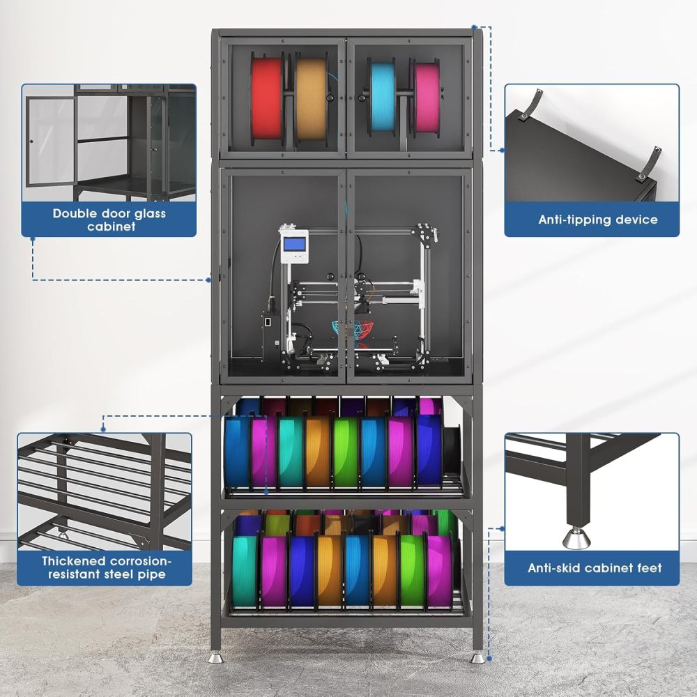 3D Printer Cabinet with Double Layer 3D Printer Filament Storage Rack, T-Shaped Filament Bar & Noise-Reducing, Dust-Proof Design, Suitable for Studio, Office Storage and Organization