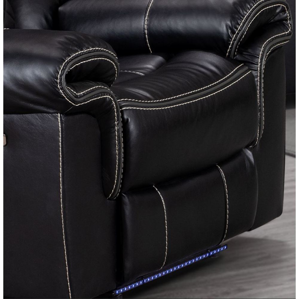 ENCORE 2pc BLACK POWER SOFA, LOVESEAT SET DUAL POWER WITH DROP DOWN TRAY& SPEAKERS, WIRELESS CHARGER, LIGHT TAPE LEATHER GEL USB ON SWITCH