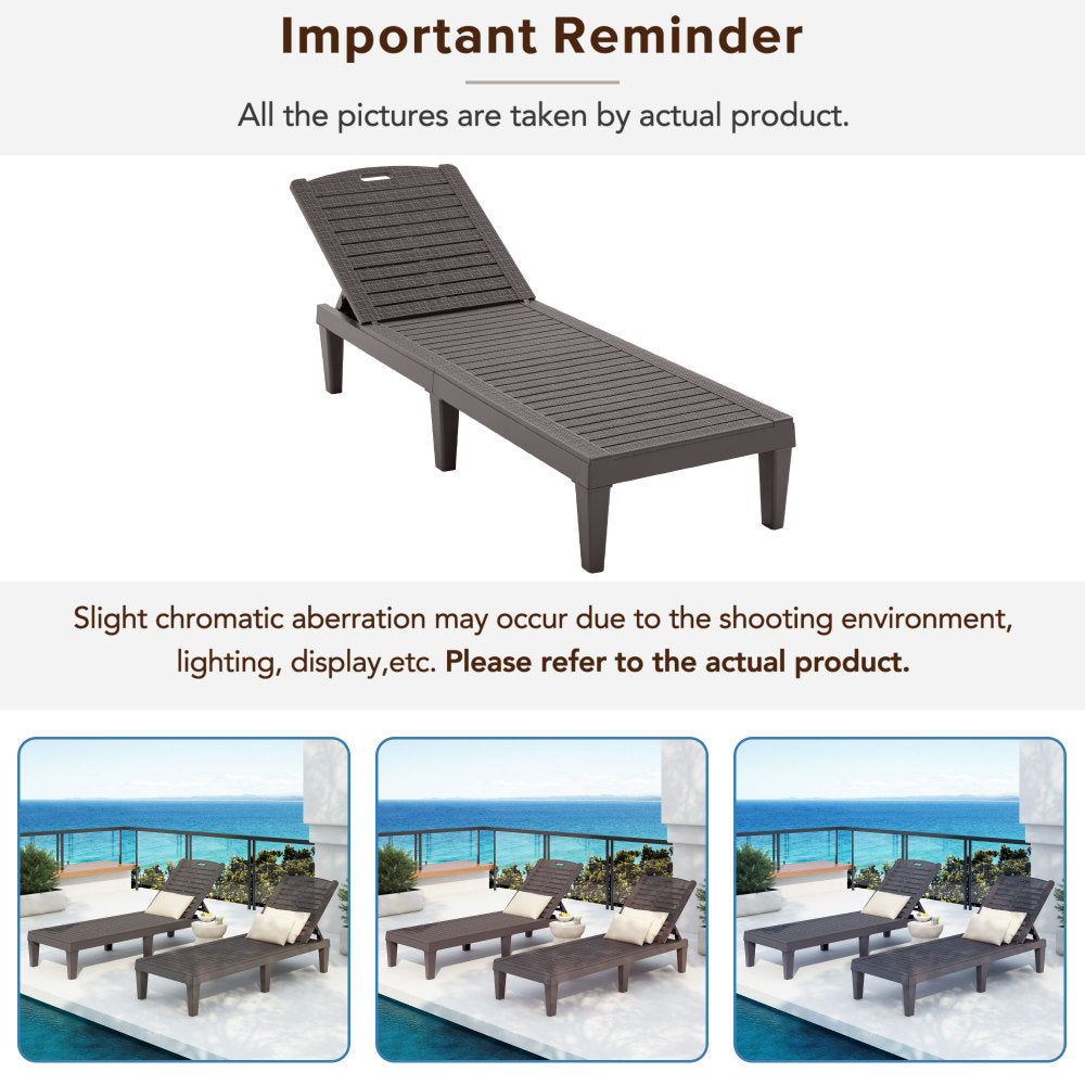 2-Piece Outdoor Chaise Lounges Resin Pool Lounge Chairs Outdoor Chaise Lounge Chair Set with Adjustable Backrest (Set of 2) for Patio, Poolside or Beach, Dark Brown