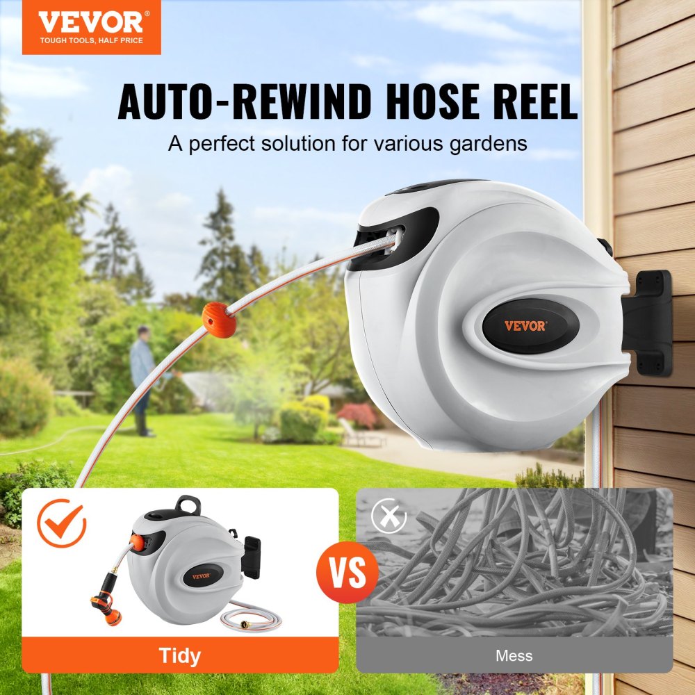 Retractable Hose Reel Water Hose Reel 65'x5/8" 180° Swivel Wall-Mounted