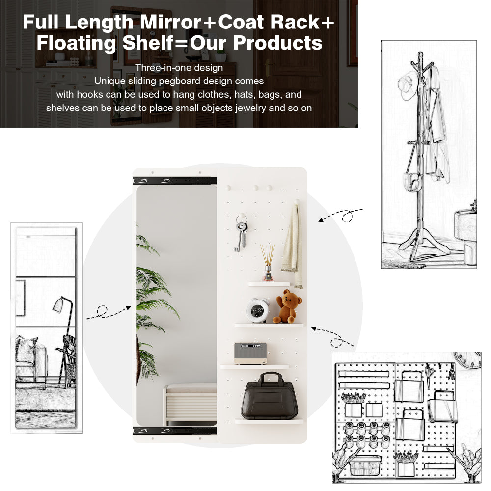 Wall Mounted Full Length Mirror, Full Body Mirror with Shelf, Full Body Mirror with Hook Wall Mounted Mirror with Multifunctional Design Panel, Bedroom/Living Room/Entrance White(47.6*15.7in)