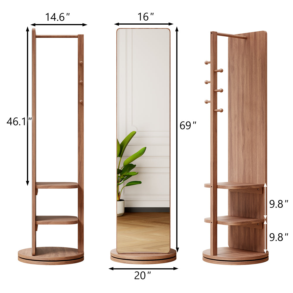 360° Rotating 69"x16" Multifunctional Full Length Mirror with Hook Storage Rack Coat Rack with Mirror Solid Wood Floor Mirror Bedroom Living Room Cloakroom Space Saving (walnut)