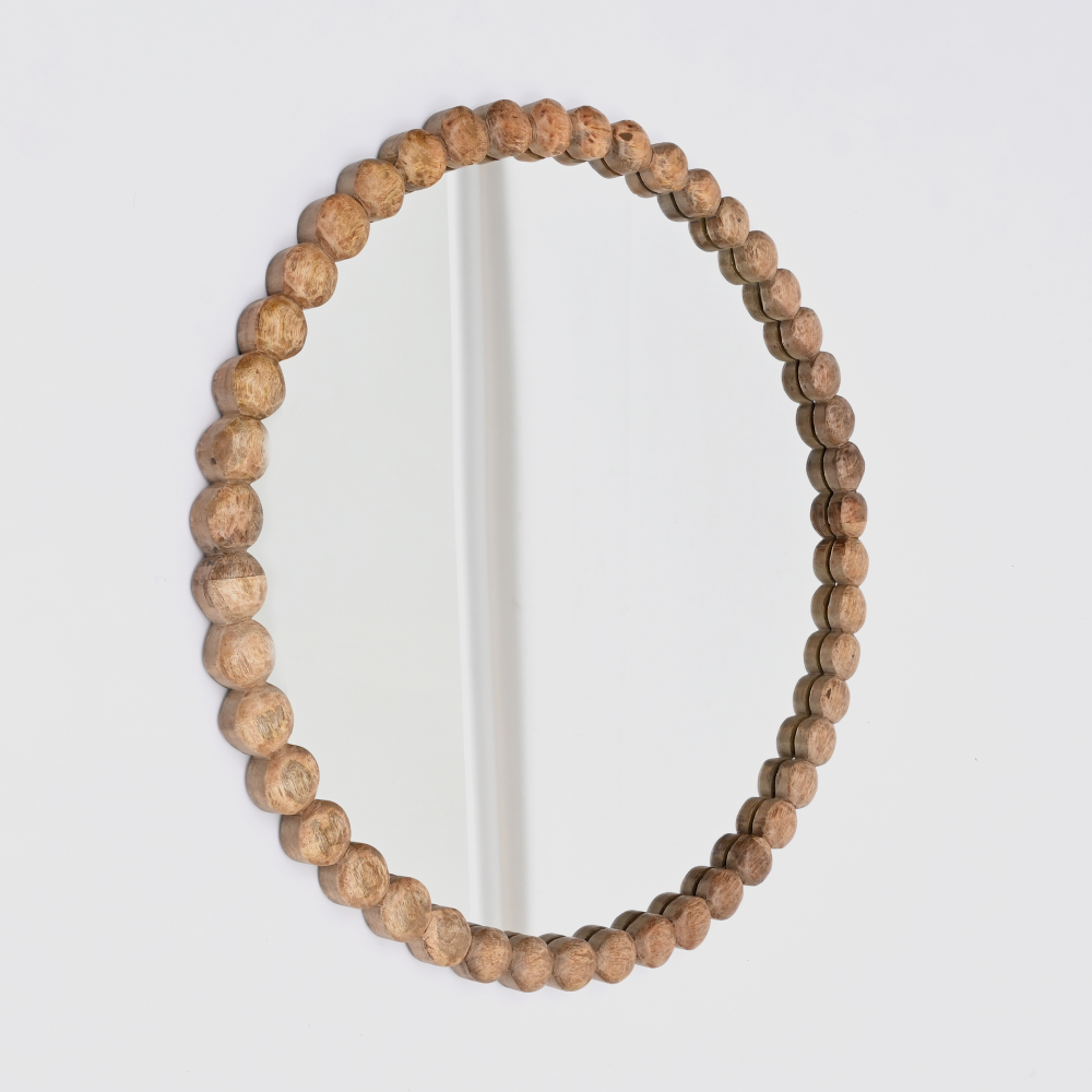 Decorative Round Hanging Wall Mirror with Natural Wooden Bead Design Frame, 32"