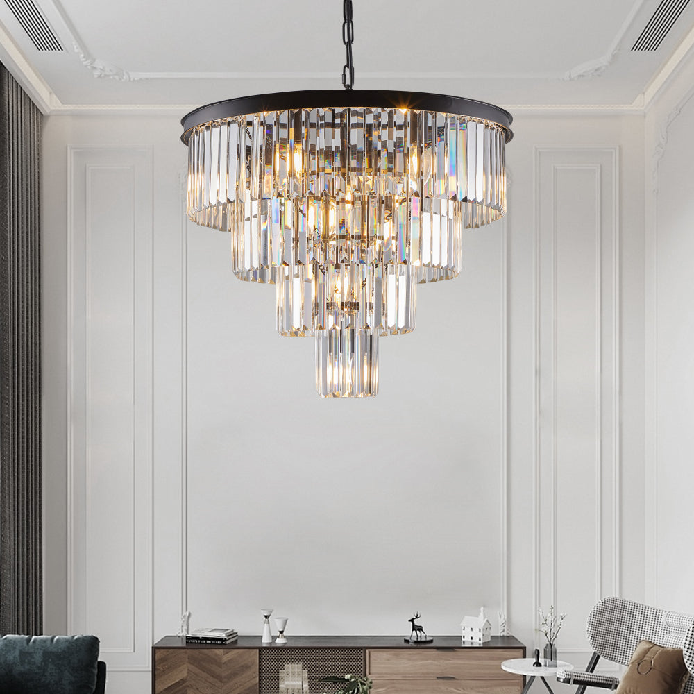 (Same as W1340P188542/L5007-600-B) 24" Contemporary Crystal Modern Chandeliers Crystal Ceiling Chandelier 4 Tier Black Chandelier Lighting for Dining Room Living Room Bedroom (Bulbs Not included)