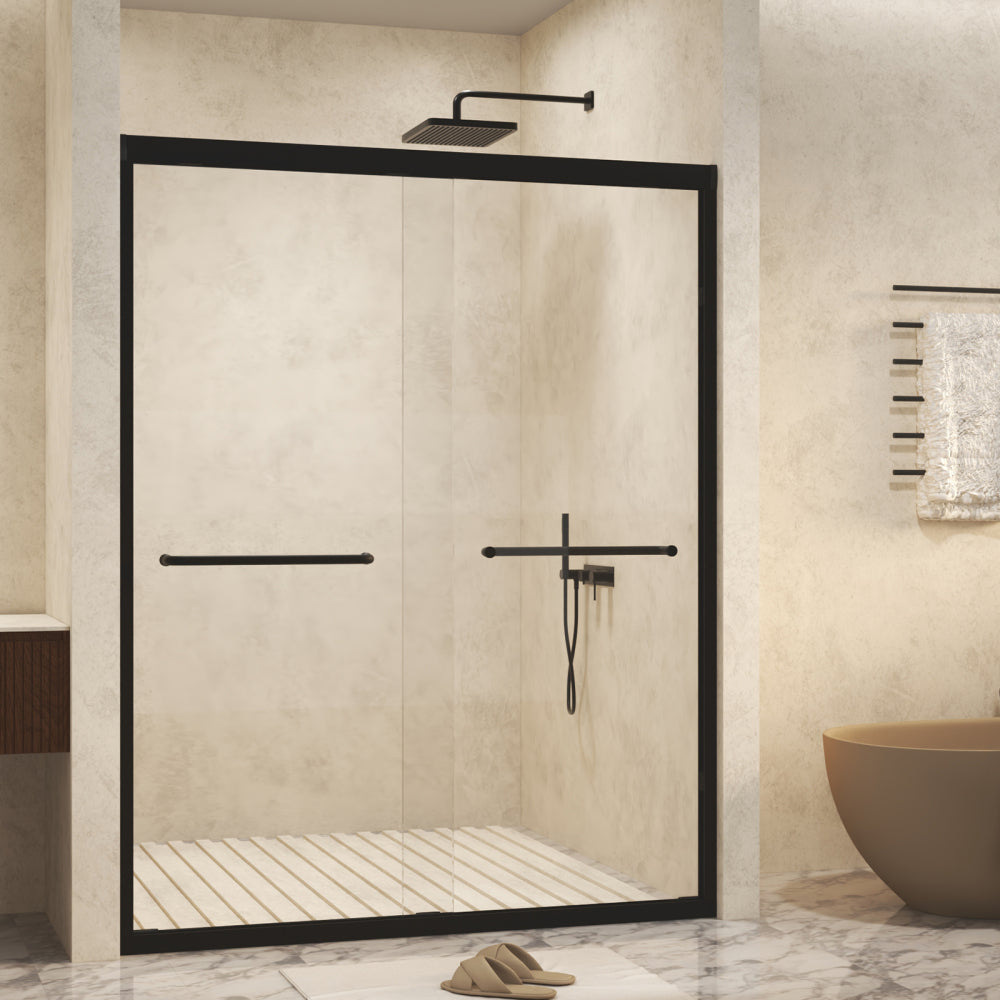 44-48" W × 72" H Tempered Glass with Explosion Proof Film, Aluminum Frame Double Sliding Shower Door, "1/4 (6 mm), Stainless Steel handle, Matte Black