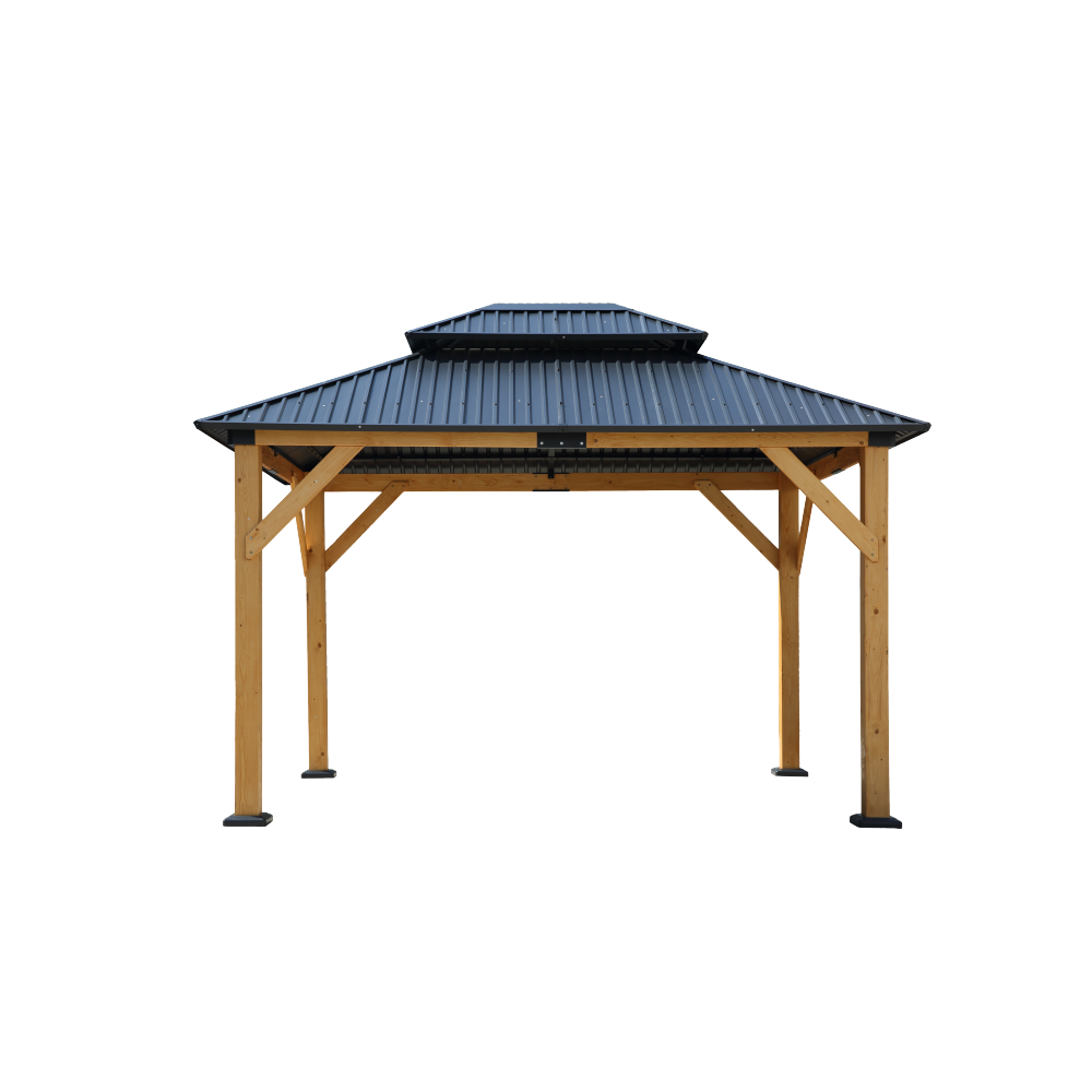 Fir Wood Carport Pavilion Gazebo, Wooden Coated steel Frame Canopy with Steel Double Roof, Outdoor Permanent Metal Pavilion with Netting for Patio