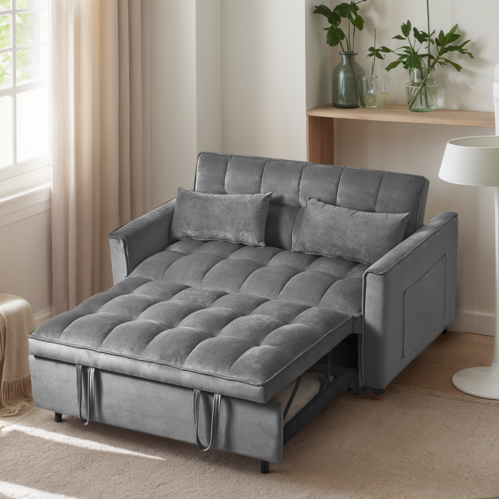 3 in 1 Convertible Sleeper Sofa Bed, Modern Pull Out Couch Bed, Adjustable Backrest, Velvet Loveseat Futon Sofa with Pillows & Pockets for Living Room Apartment, Black