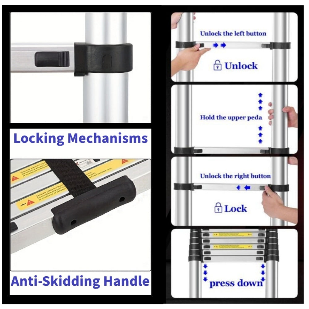 4.1-meter telescopic ladder, aluminum telescopic ladder, non slip feet, maximum capacity of 300 pounds, foldable ladder with hooks, suitable for RV or outdoor work