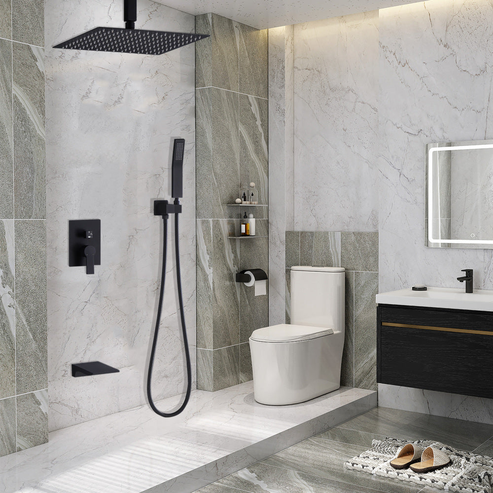 Shower Faucet Set, Shower System Bathroom High Pressure 12 Inches Rainfall Shower Head with Handheld Spray, Wall Mounted Shower Fixtures with Shower Valve and Trim Kit, Matte Black