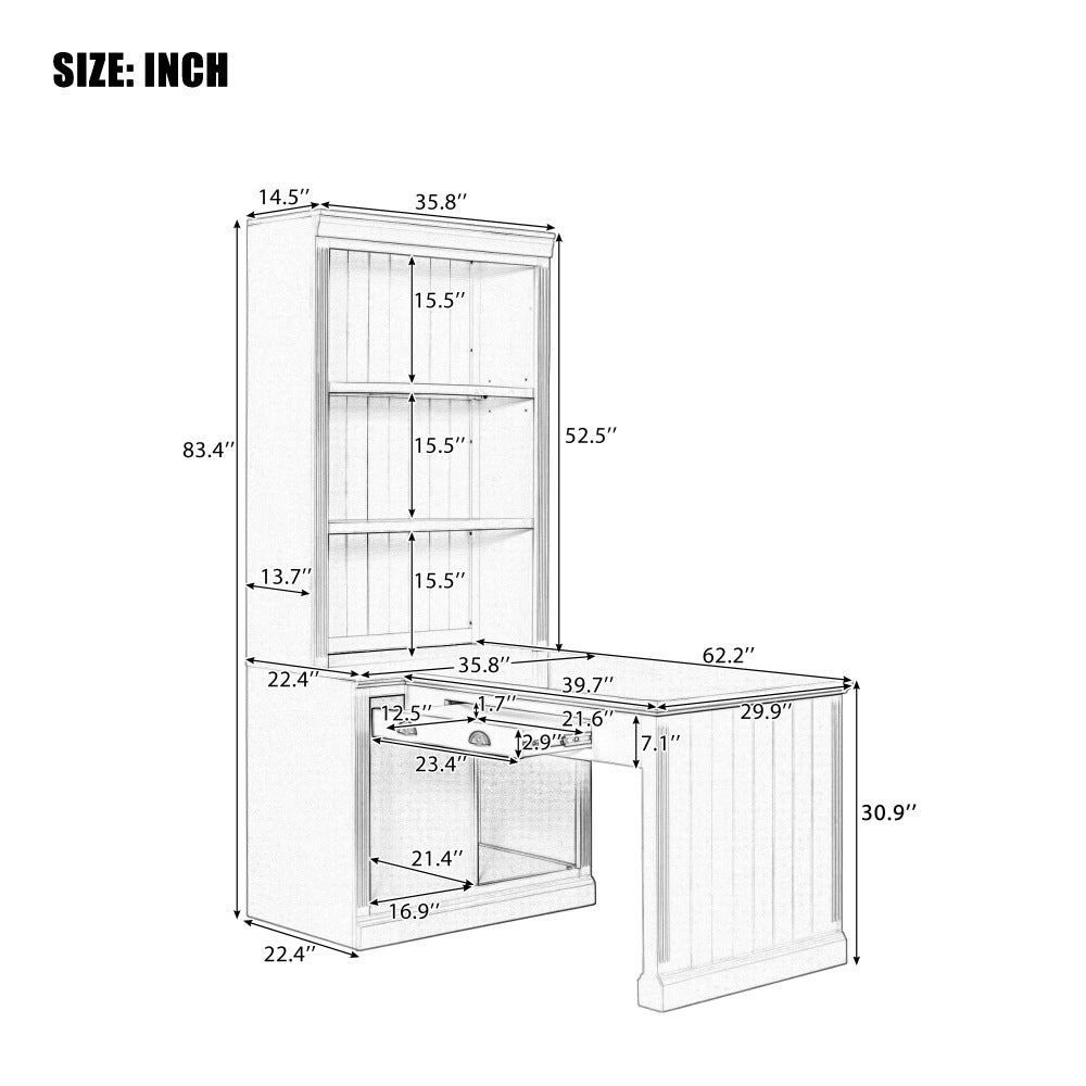 83.4"Tall Bookshelf with Writing Desk, Modern Bookcase with Study Desk, Workstation with Storage Shelf,Storage Bookcase with Open Shelves and LED Lighting for Living Room,Home Office,White