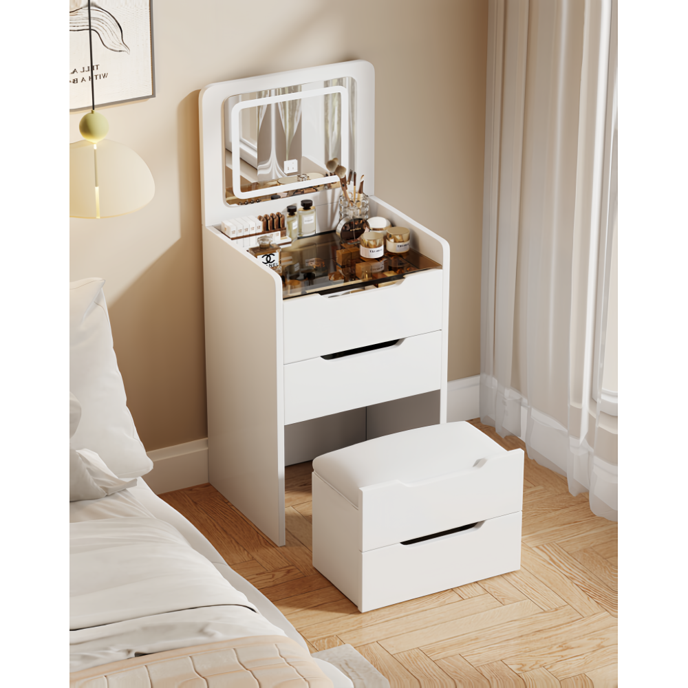 (60CM) 3 in 1 Vanity Desk with Plip Top Mirror, Small Make Up Vanity Set with Visible Glass Desktop, Compact Makeup Vanity with 3 Drawers, Cushioned Tool, Dressing Table for Bedroom, Prime Day Deals