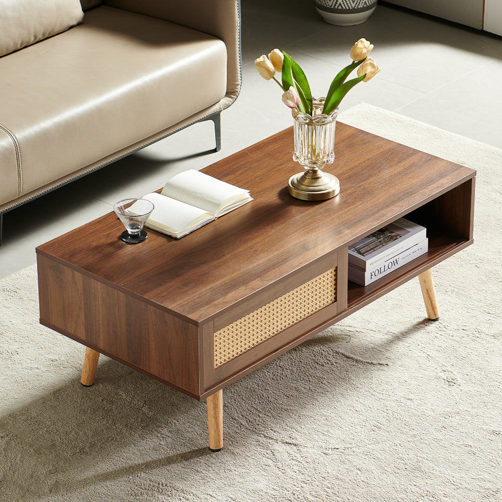 55.12" Rattan TV cabinet, double sliding doors for storage, adjustable shelf, solid wood legs, TV console for living room ,natural