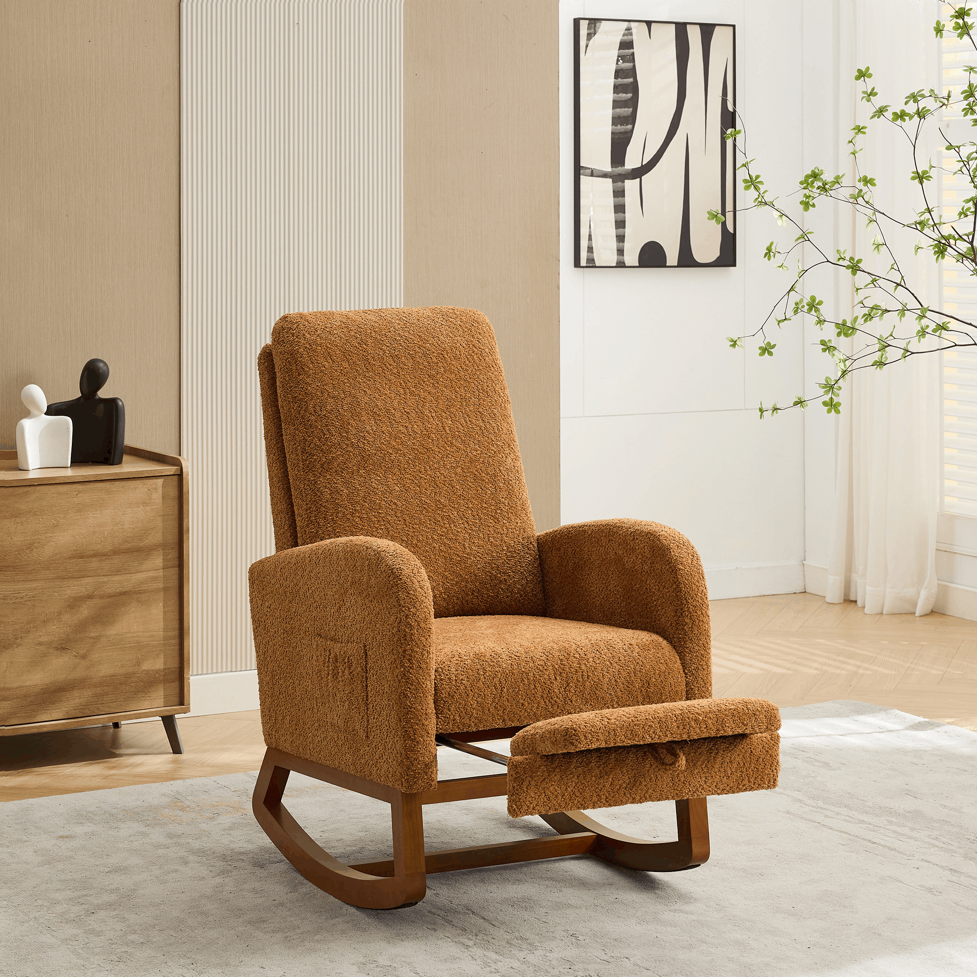 25.4"W Rocking Chair for Nursery, High Back Glider Chair with Retractable Footrest, Side Pocket, Rocking Accent Armchair with Rubber Wood Legs for Living Room/Bedroom.Charcoal