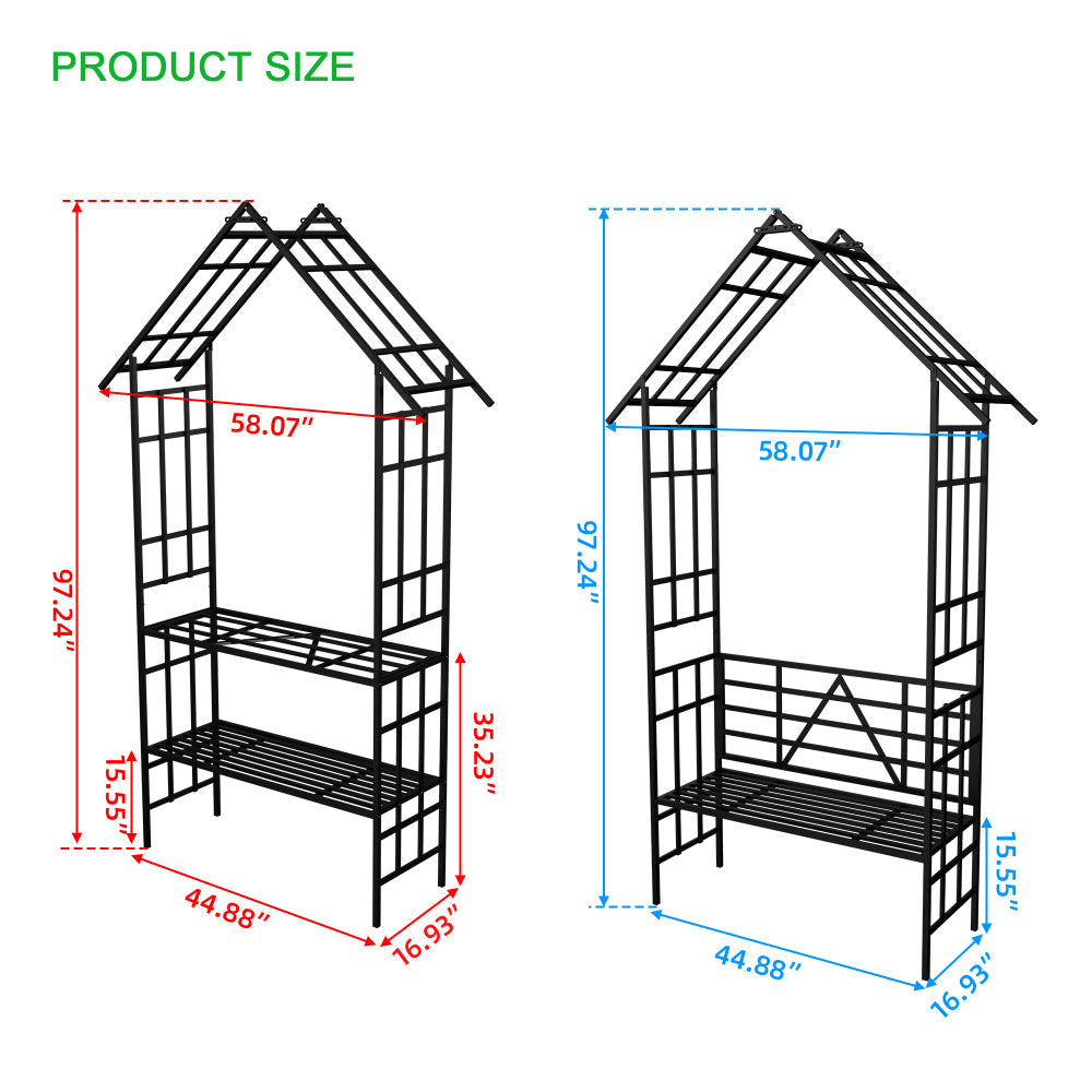 Metal Garden Arch with Bench Turned into Flower Stand W58.07*H97.24 Climbing Plants Support Rose Arch Outdoor Black