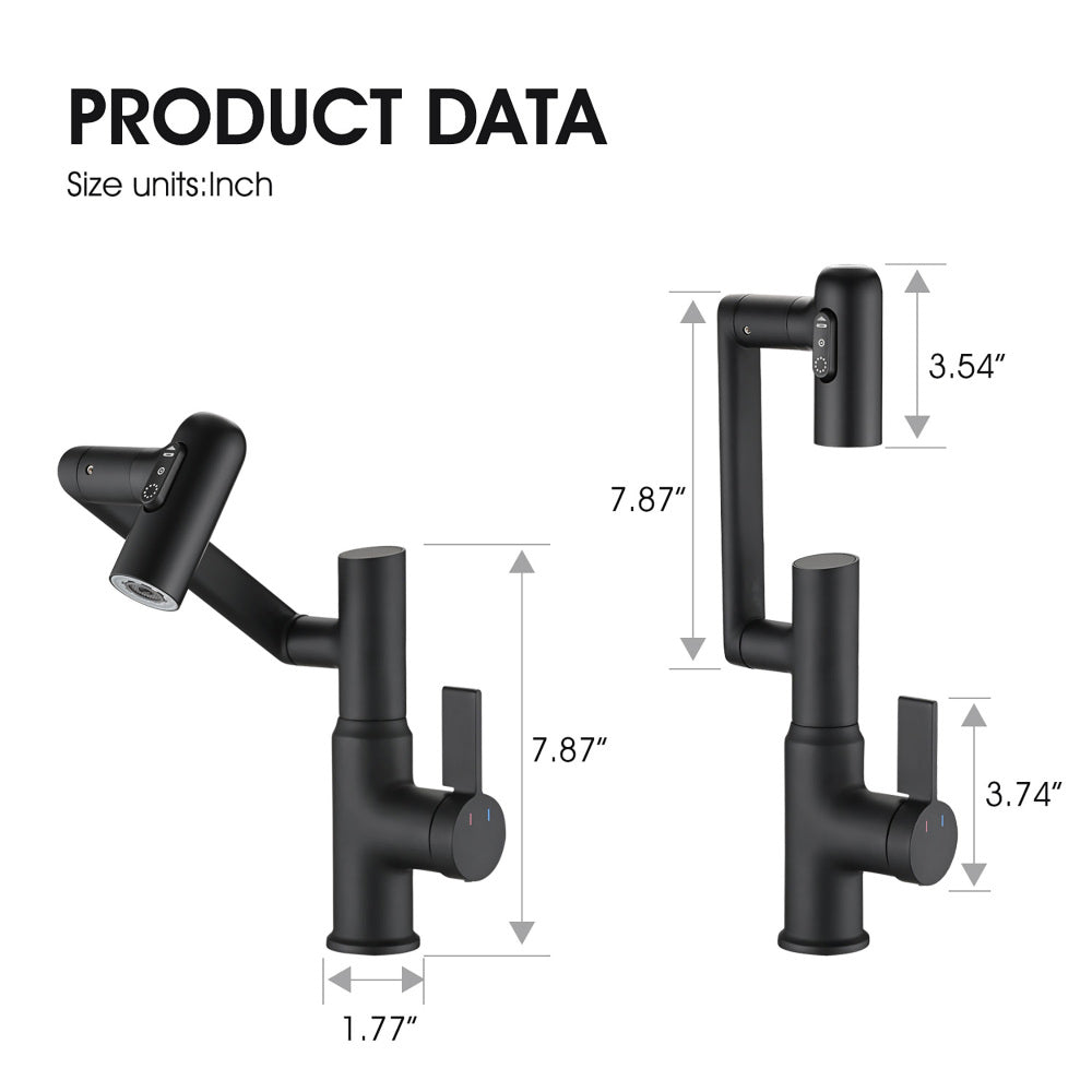 Bathroom Sink Faucet with Spray Function, Temperature Display, Anti-Slip Switch, Hot & Cold Controls, and 360° Swivel Spout
