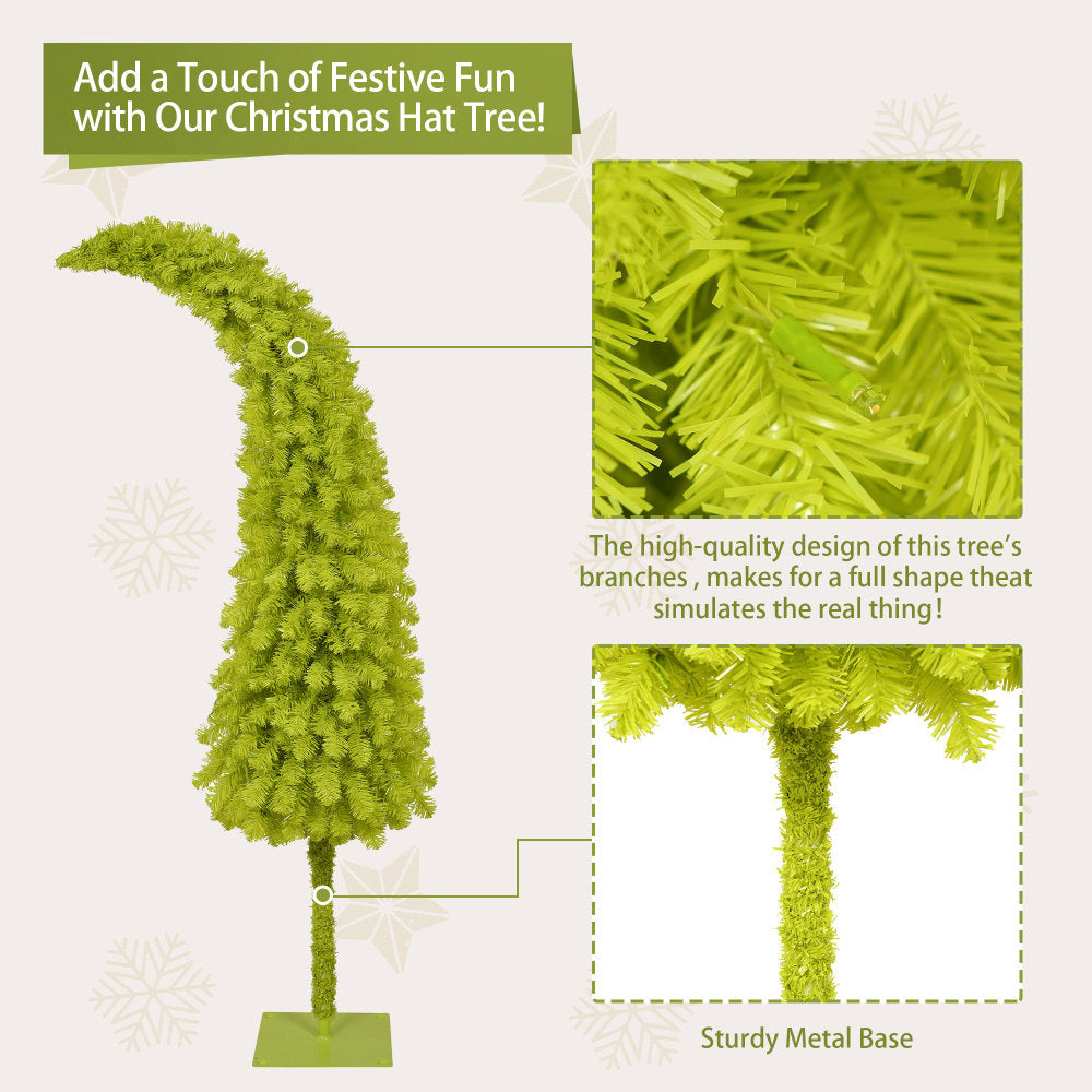 5FT Hinged Fir Artificial Fir Bent Top Christmas Tree, Xmas Tree Bendable Santa Hat Style Christmas Tree Holiday Decoration,400 Lush Branch Tips, 100 LED Lights X-mas