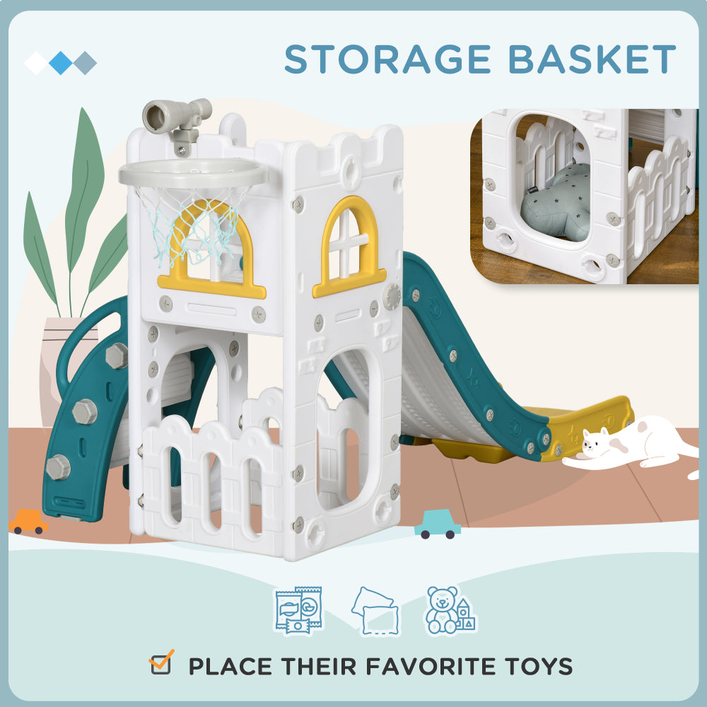 Qaba 5 in 1 Toddler Slide, Indoor Kids Slide Playset for 1-3 Years Olds with Basketball Hoop, Climber, Telescope & Storage Basket, Yellow