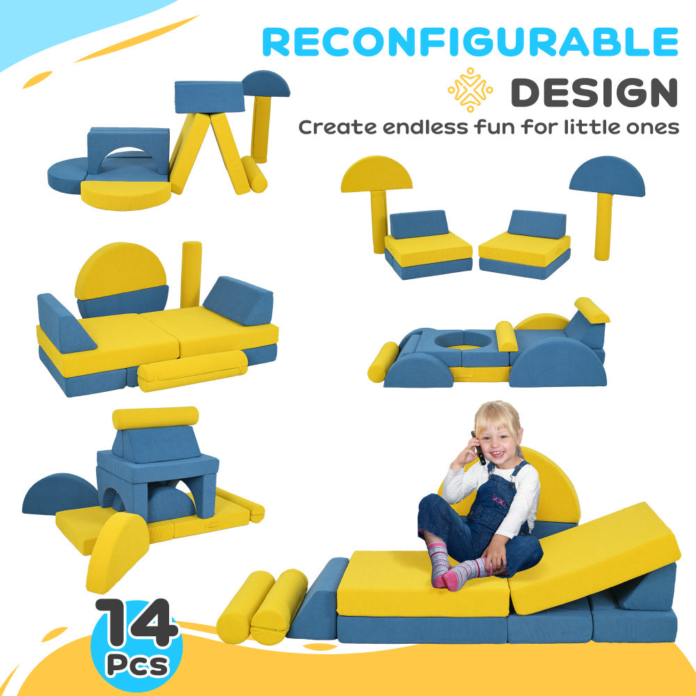 Qaba Modular Kids Play Couch, 14 Piece Kids Couch, Child Sectional Sofa for Playing, Sitting & Sleeping, Convertible Foam Floor Cushions for Boys & Girls, Yellow